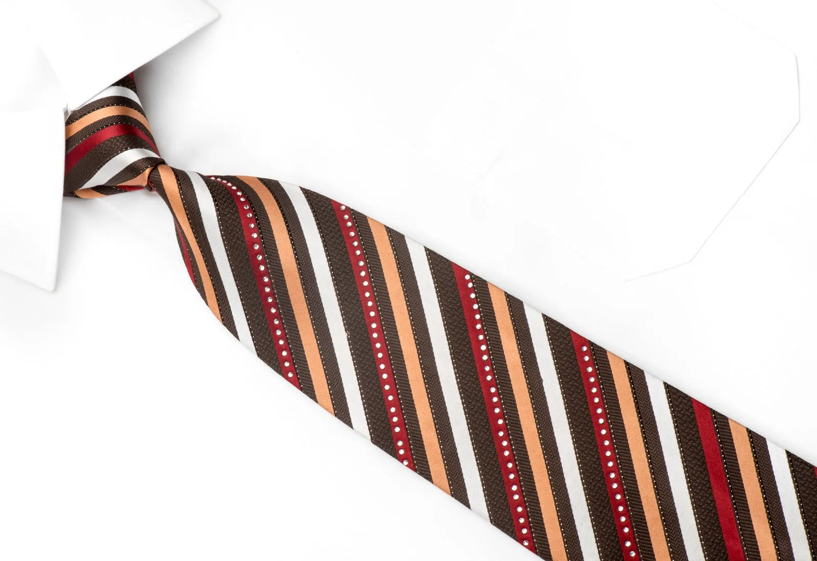 Gianni Roberto Men's Crystal Rhinestone Silk Necktie Brown Orange Burgundy Striped With Sparkles