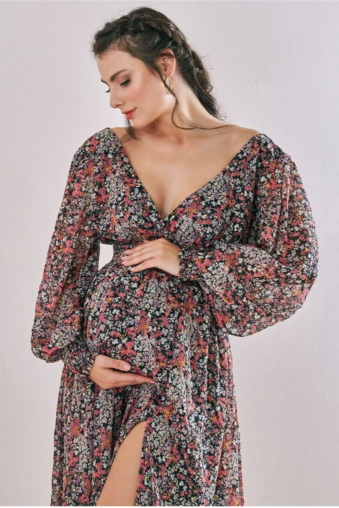 Goddiva Maternity Long Sleeve Midi Floral Print