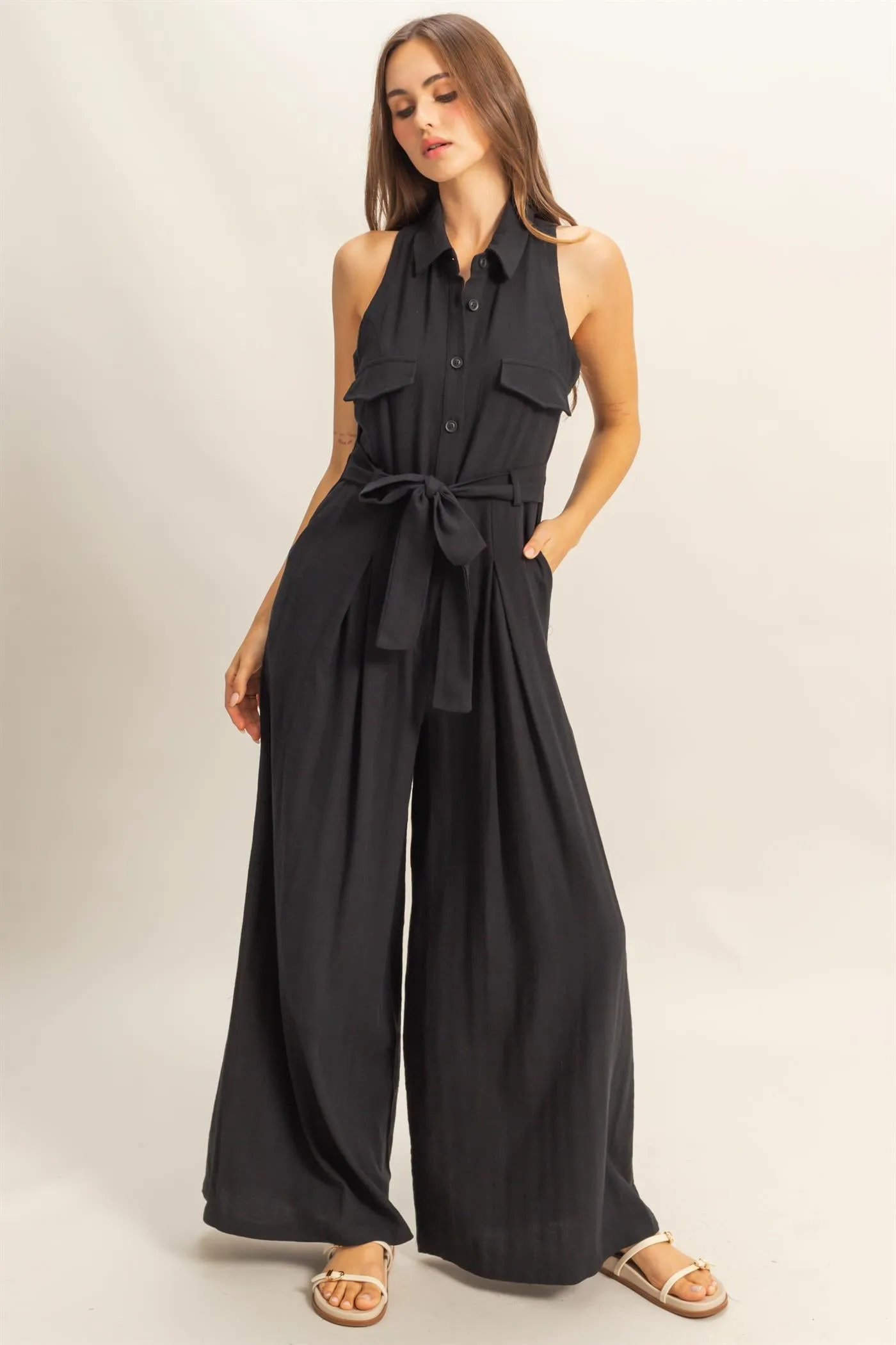 HF25A163-Sleeveless Wide Leg Belted Jumpsuit