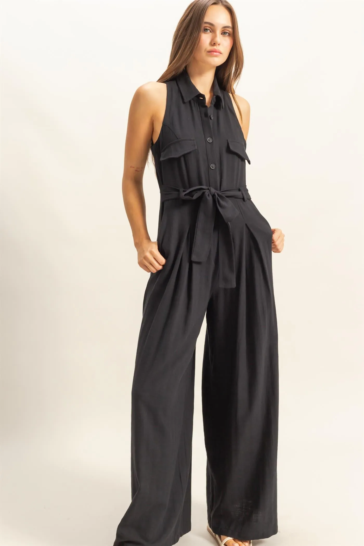 HF25A163-Sleeveless Wide Leg Belted Jumpsuit
