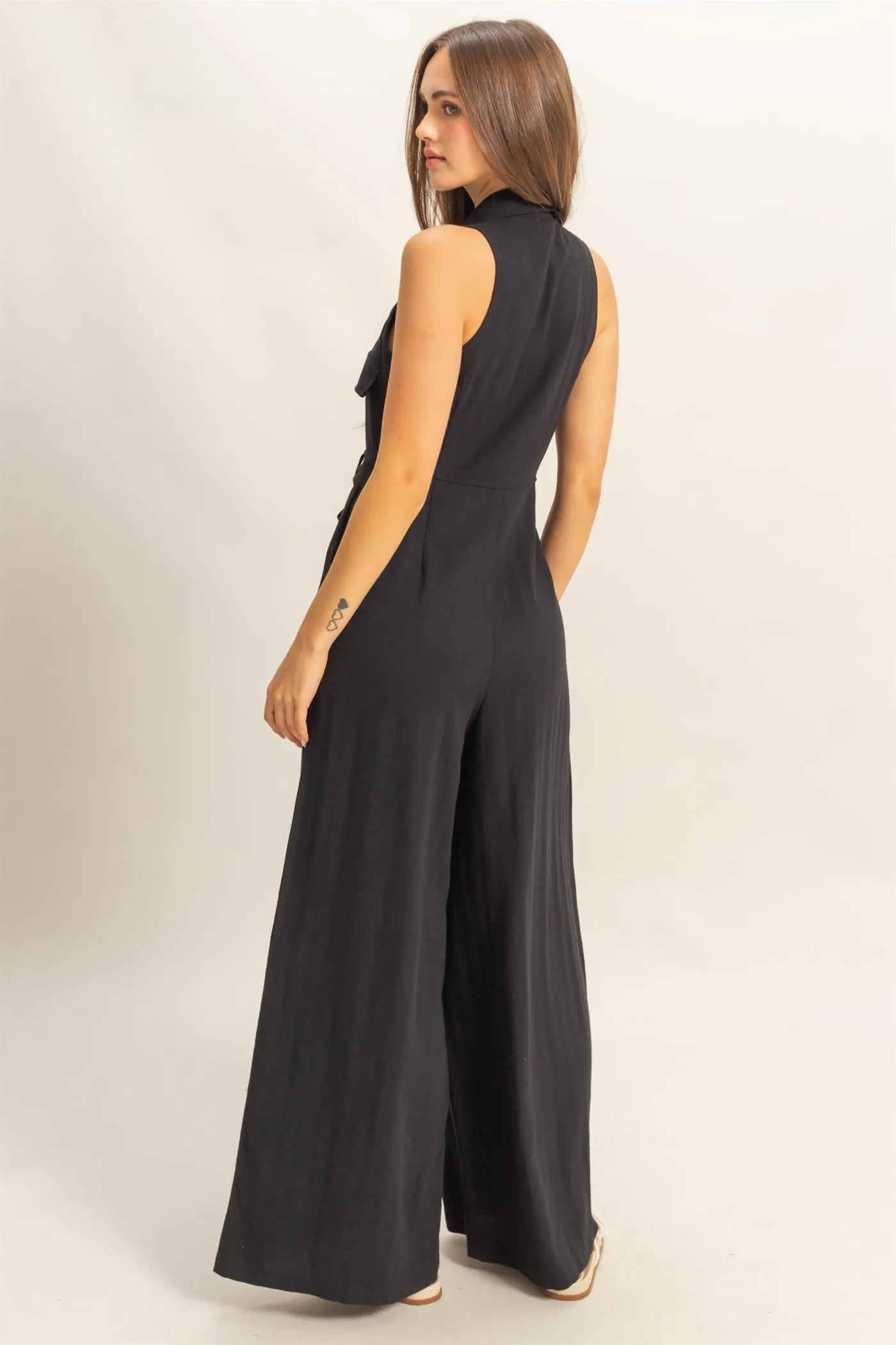HF25A163-Sleeveless Wide Leg Belted Jumpsuit