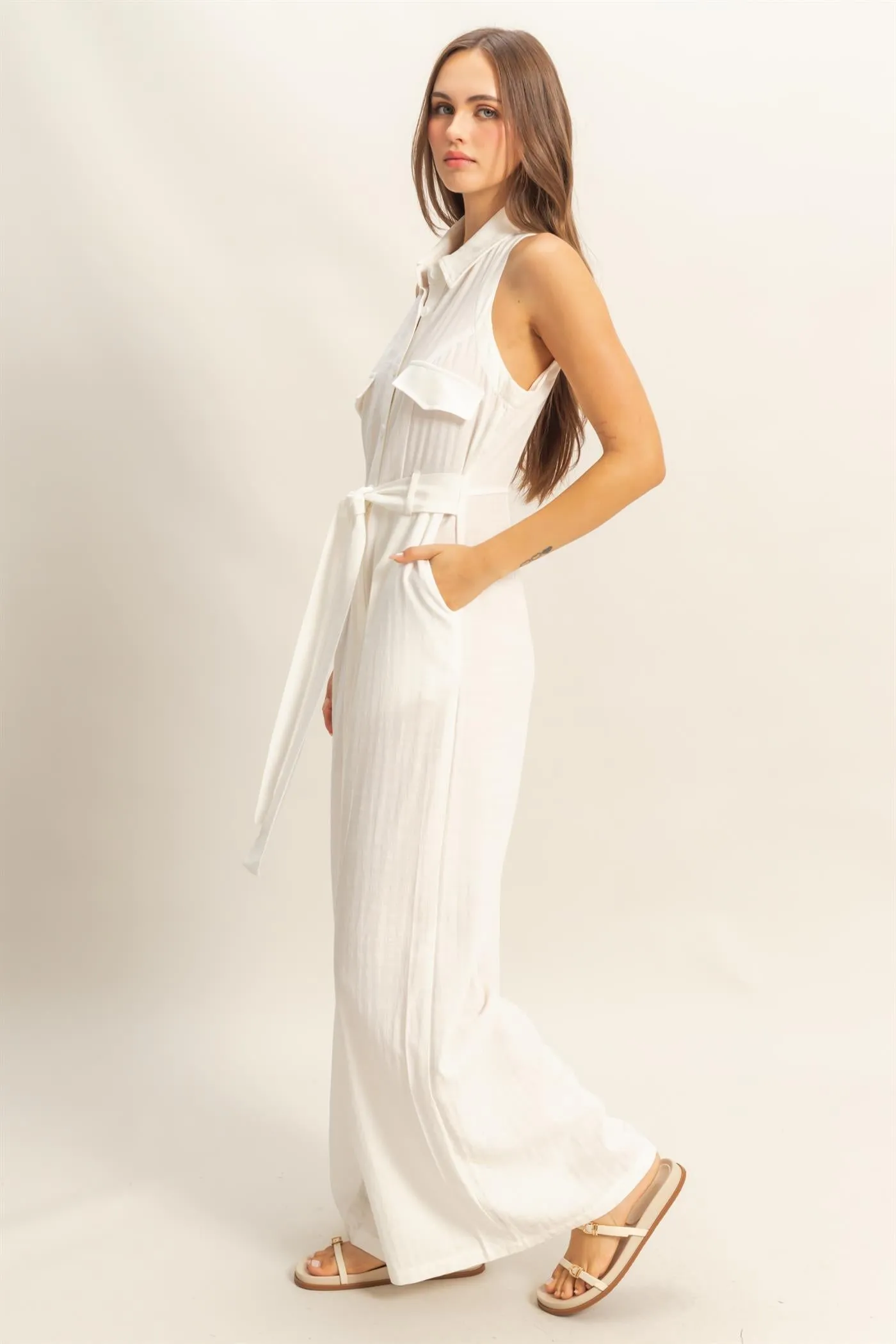 HF25A163-Sleeveless Wide Leg Belted Jumpsuit