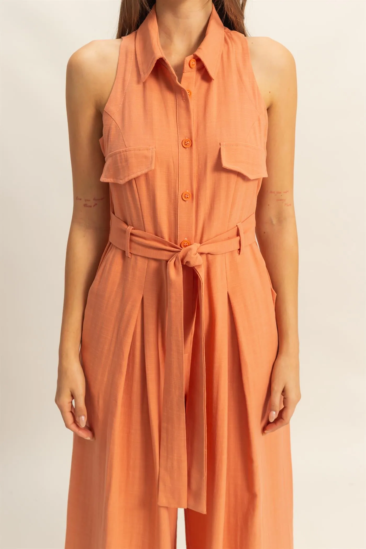 HF25A163-Sleeveless Wide Leg Belted Jumpsuit