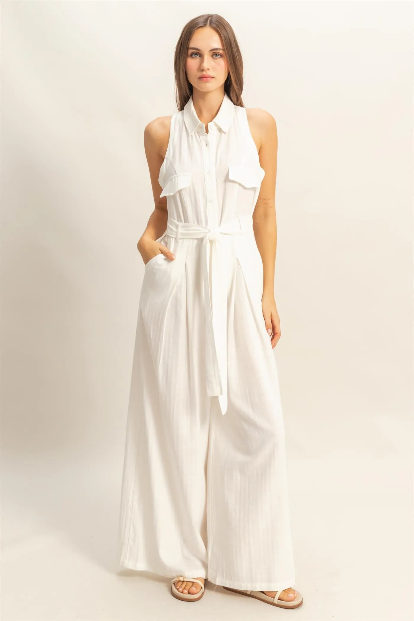 HF25A163-Sleeveless Wide Leg Belted Jumpsuit