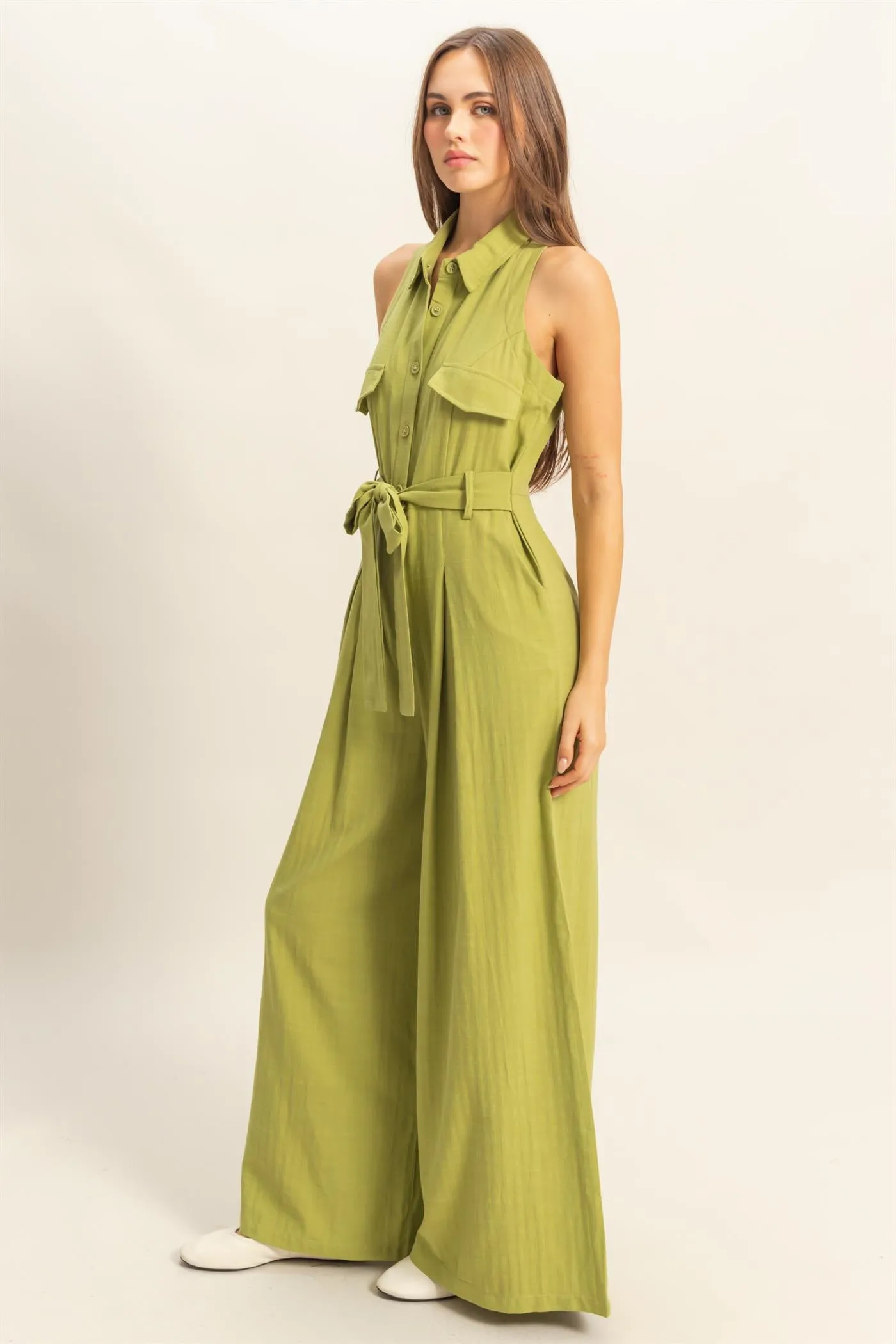 HF25A163-Sleeveless Wide Leg Belted Jumpsuit