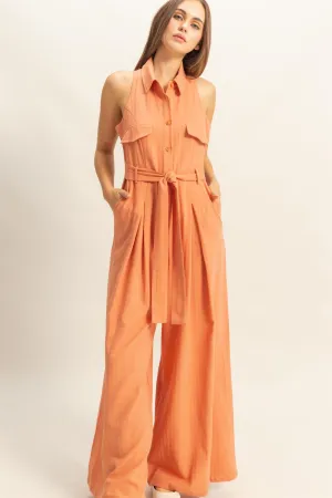 HF25A163-Sleeveless Wide Leg Belted Jumpsuit