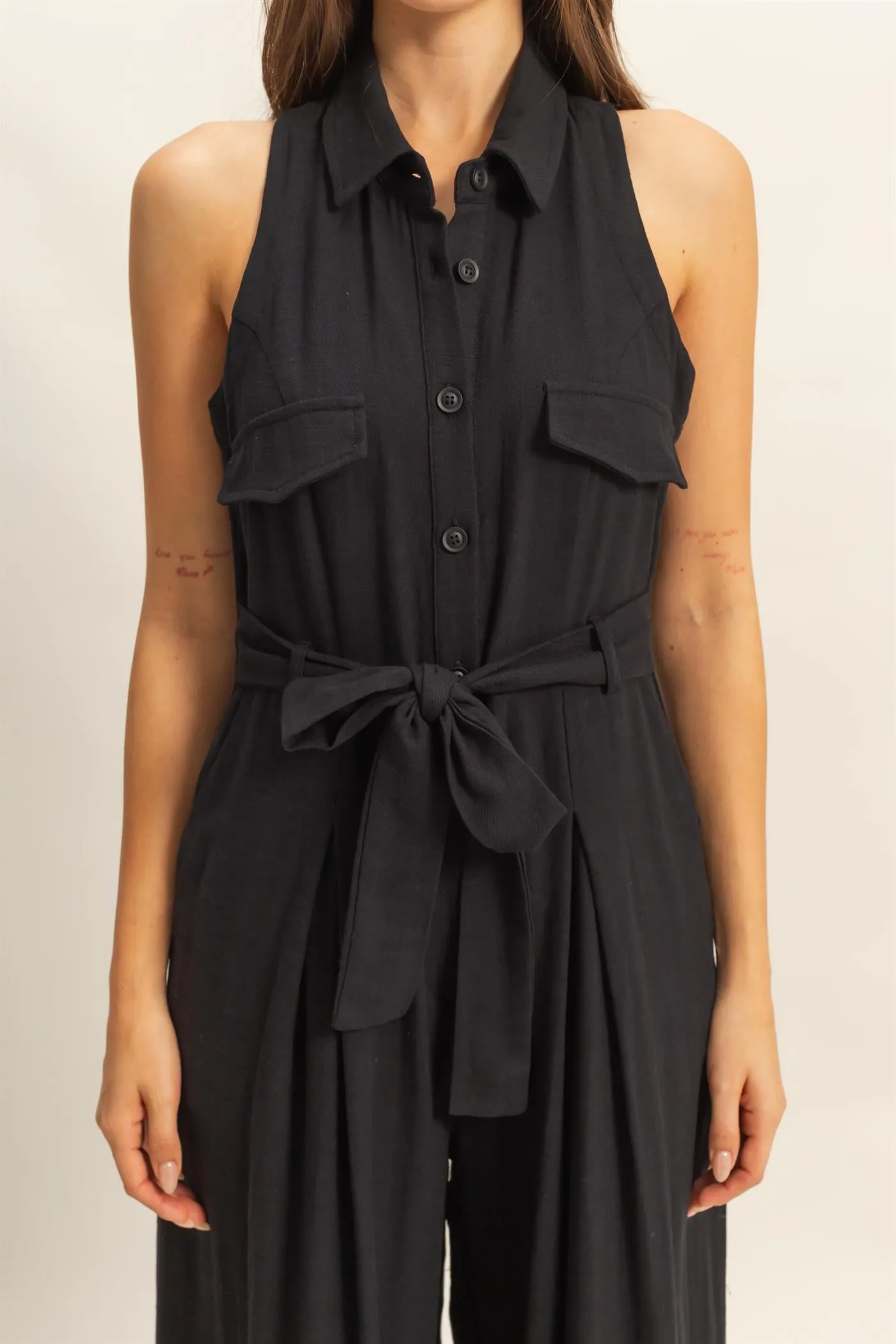 HF25A163-Sleeveless Wide Leg Belted Jumpsuit