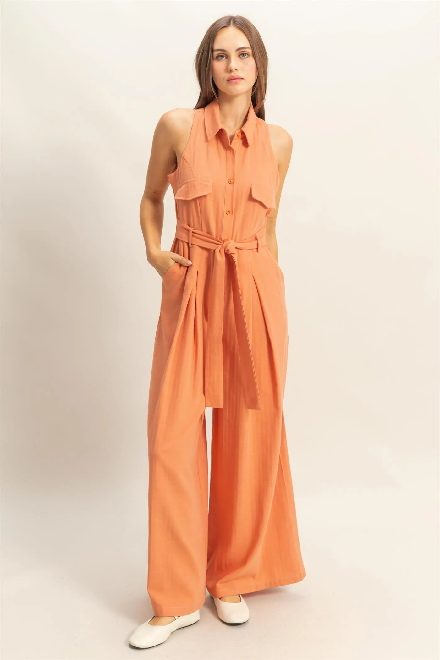 HF25A163-Sleeveless Wide Leg Belted Jumpsuit