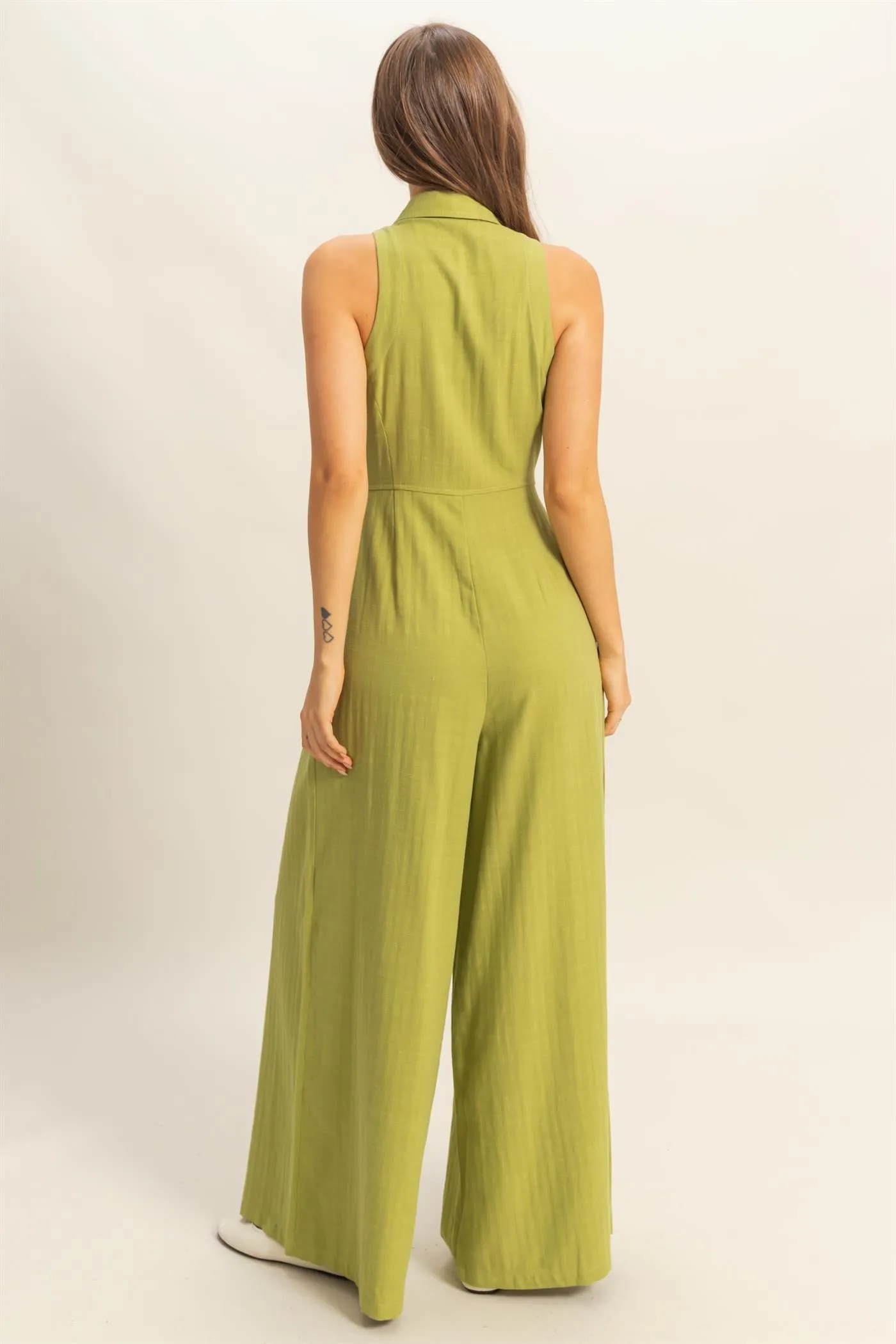 HF25A163-Sleeveless Wide Leg Belted Jumpsuit