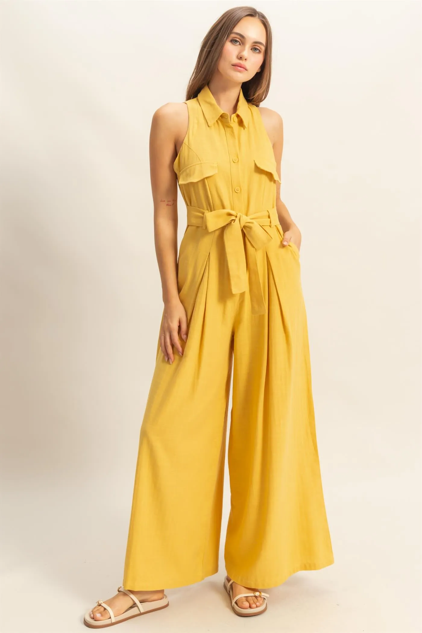 HF25A163-Sleeveless Wide Leg Belted Jumpsuit