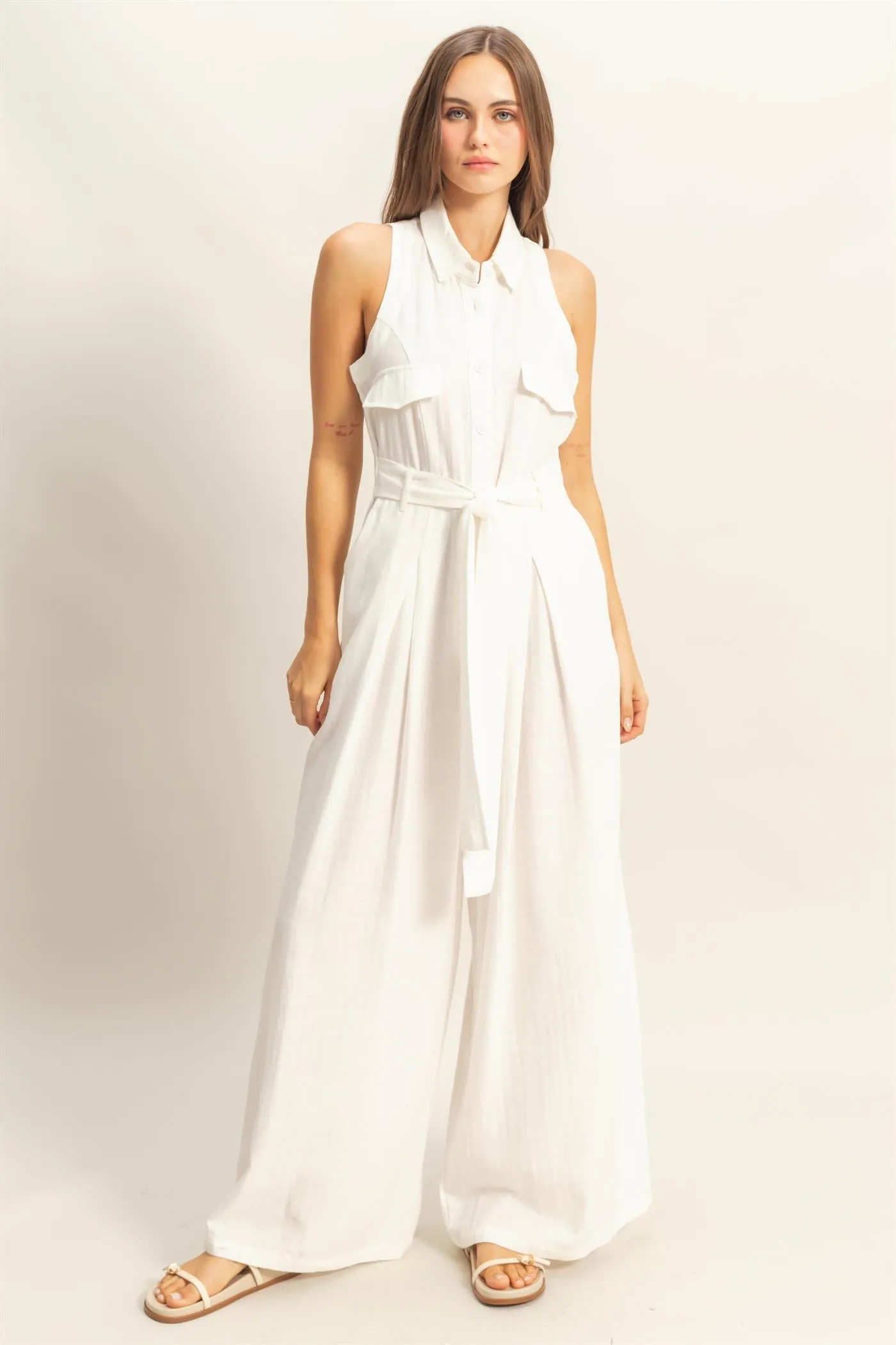HF25A163-Sleeveless Wide Leg Belted Jumpsuit