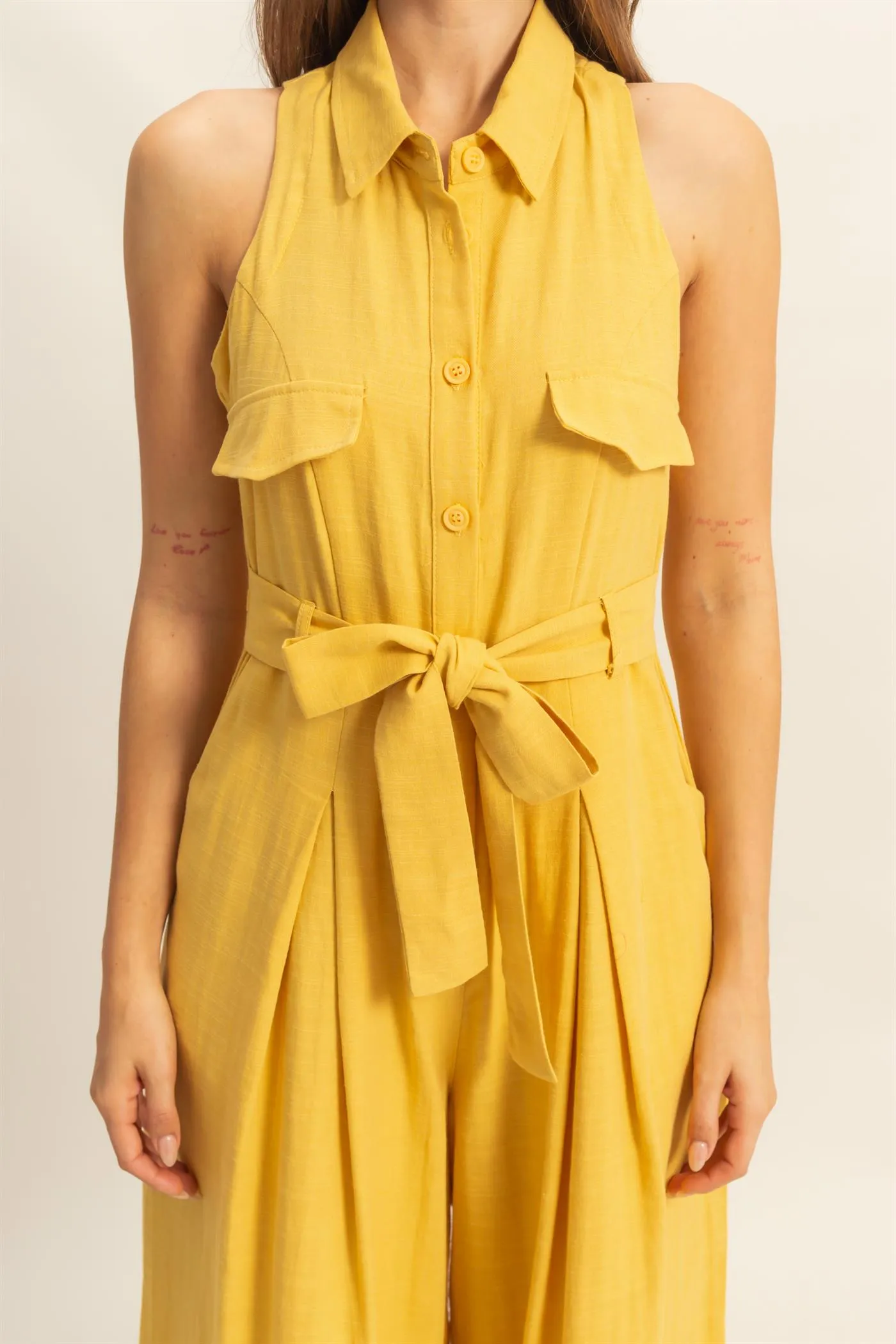 HF25A163-Sleeveless Wide Leg Belted Jumpsuit
