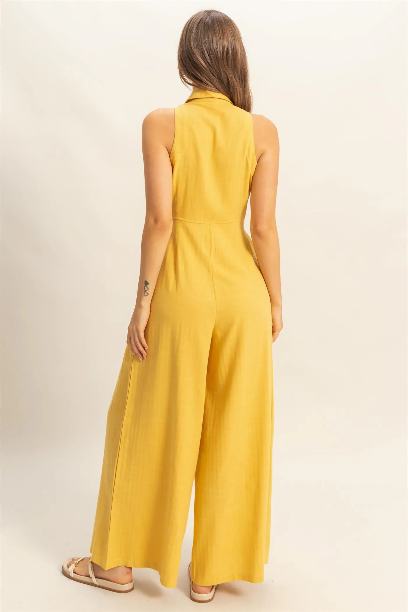 HF25A163-Sleeveless Wide Leg Belted Jumpsuit