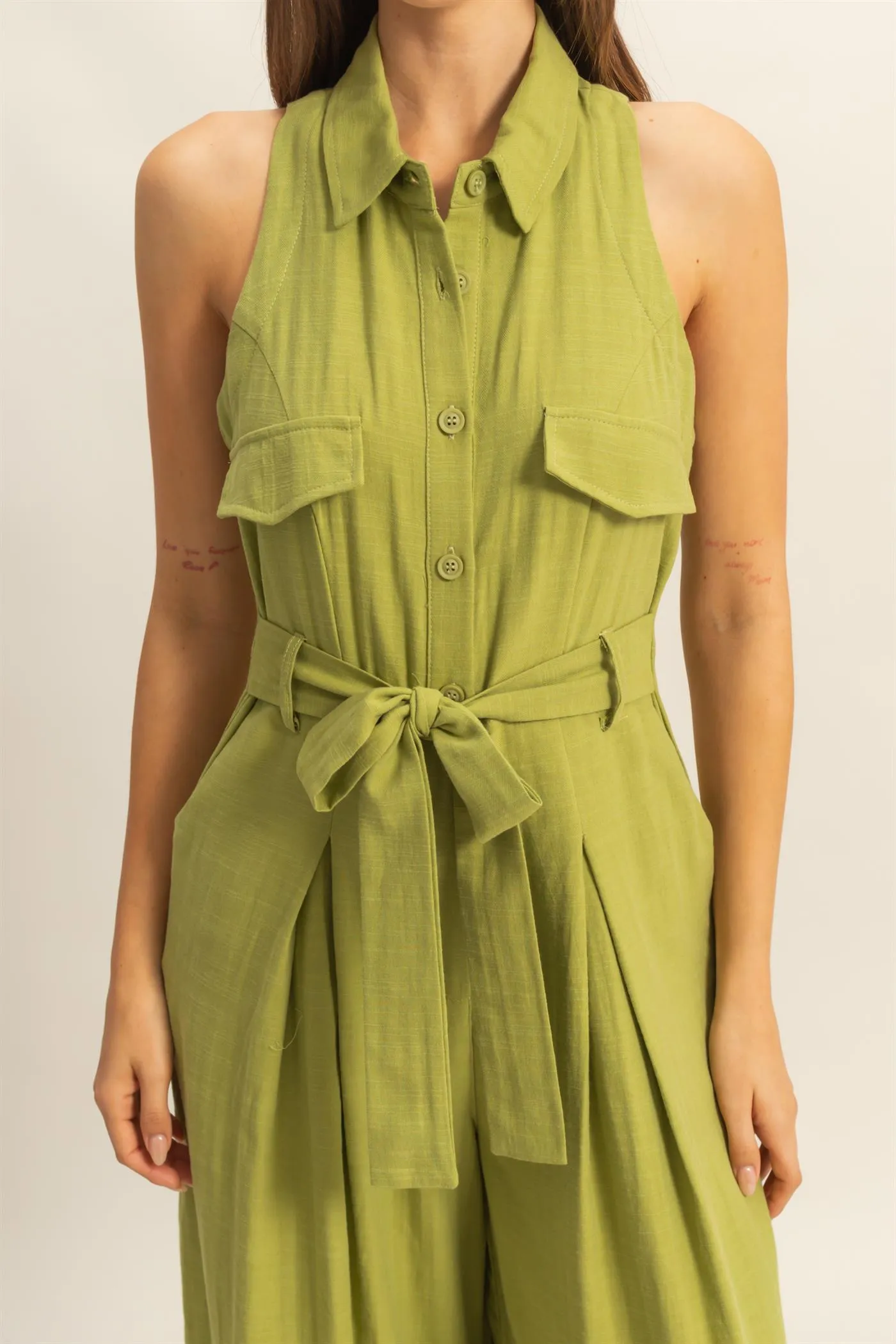 HF25A163-Sleeveless Wide Leg Belted Jumpsuit