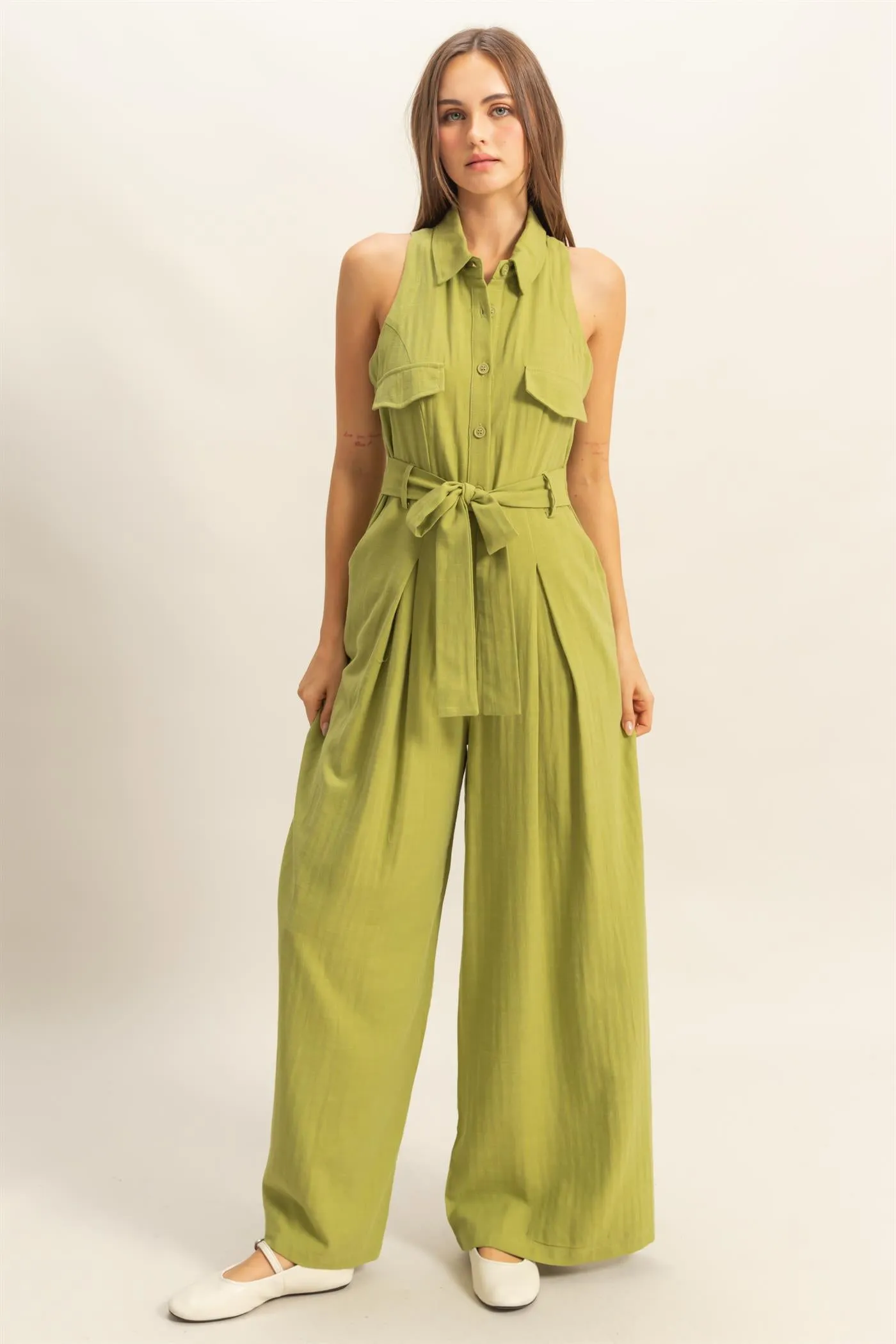 HF25A163-Sleeveless Wide Leg Belted Jumpsuit