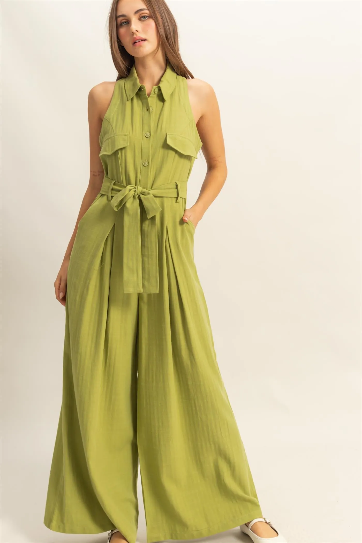 HF25A163-Sleeveless Wide Leg Belted Jumpsuit