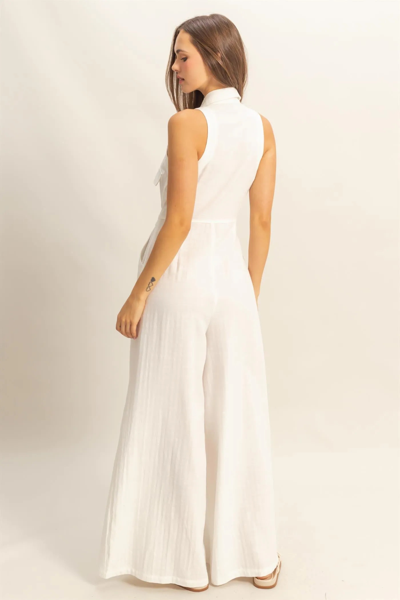 HF25A163-Sleeveless Wide Leg Belted Jumpsuit