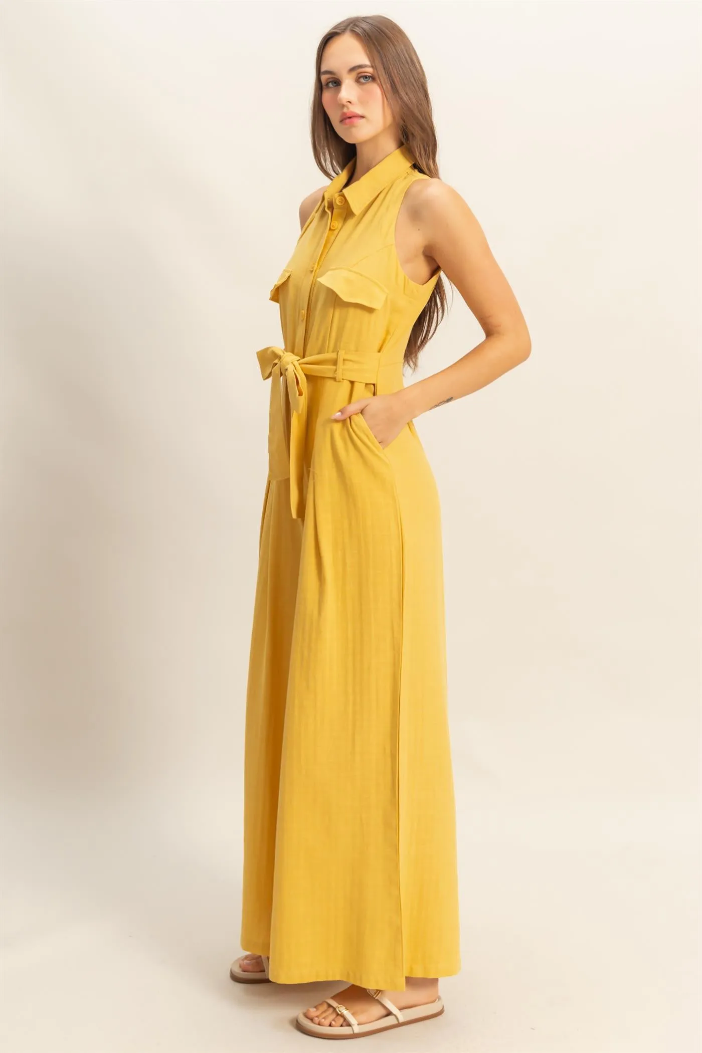 HF25A163-Sleeveless Wide Leg Belted Jumpsuit