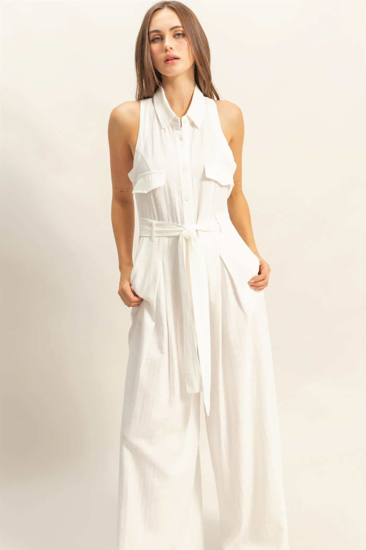 HF25A163-Sleeveless Wide Leg Belted Jumpsuit