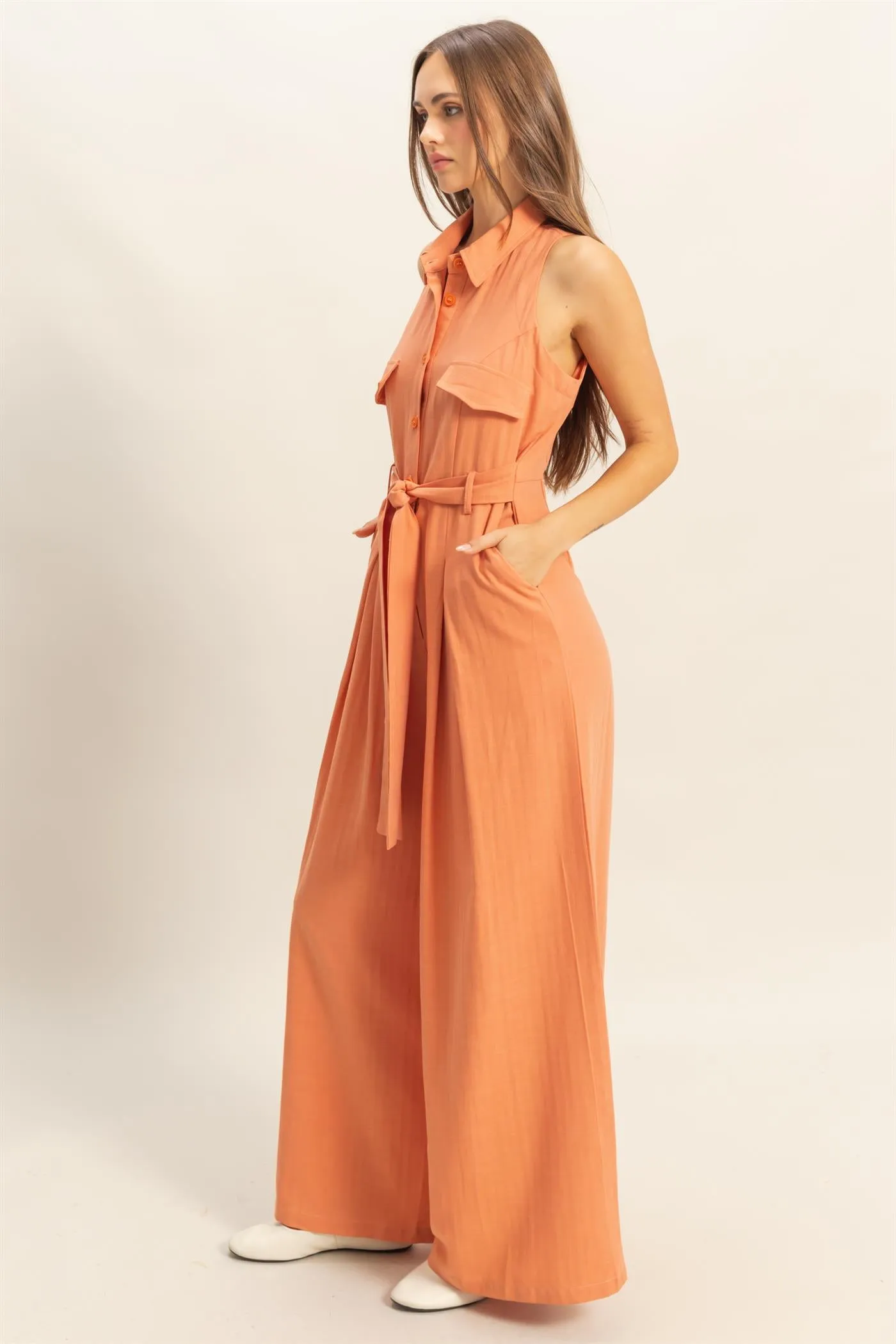 HF25A163-Sleeveless Wide Leg Belted Jumpsuit