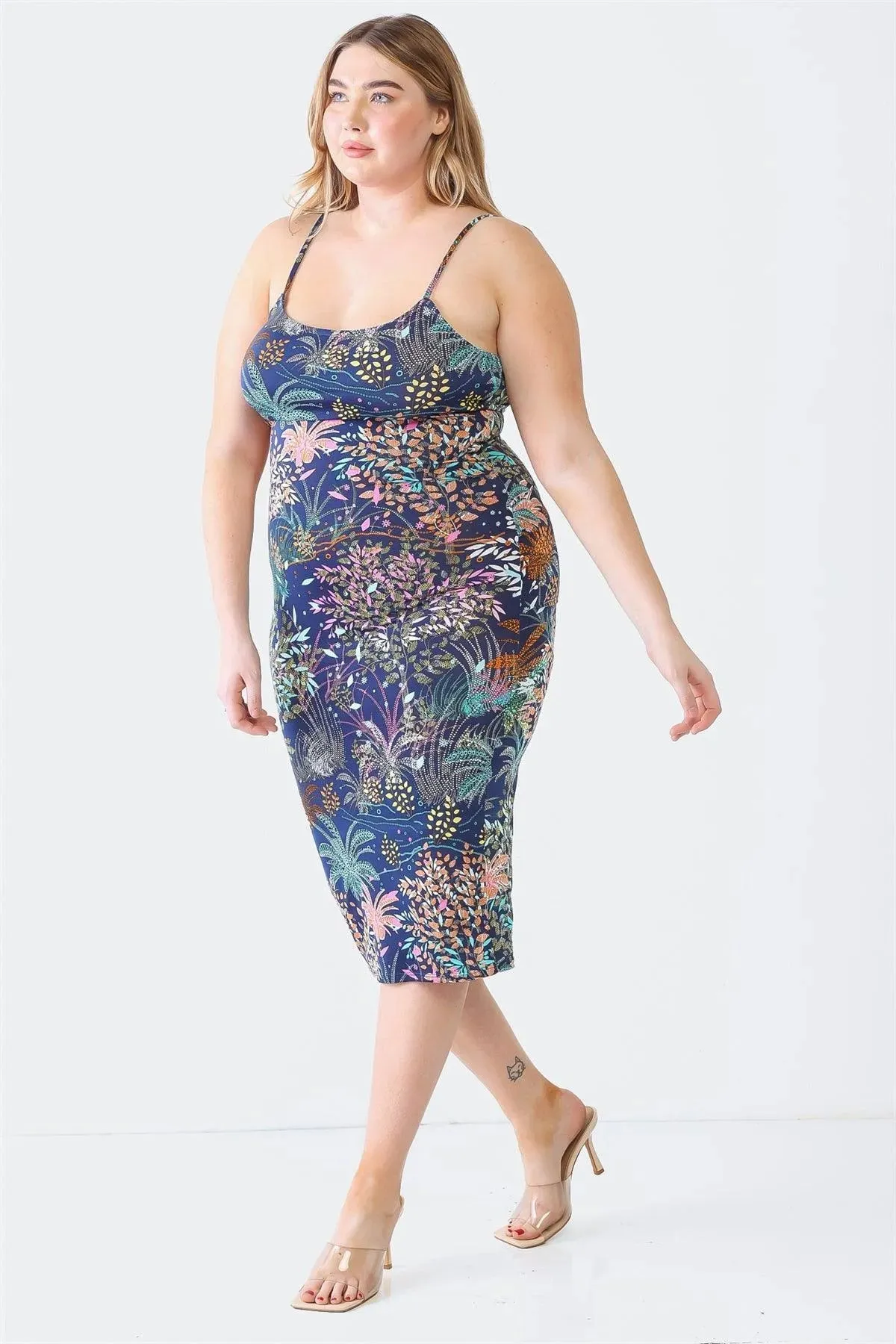 Junior Plus Navy Flower Print Strappy Midi Dress /1-1-1