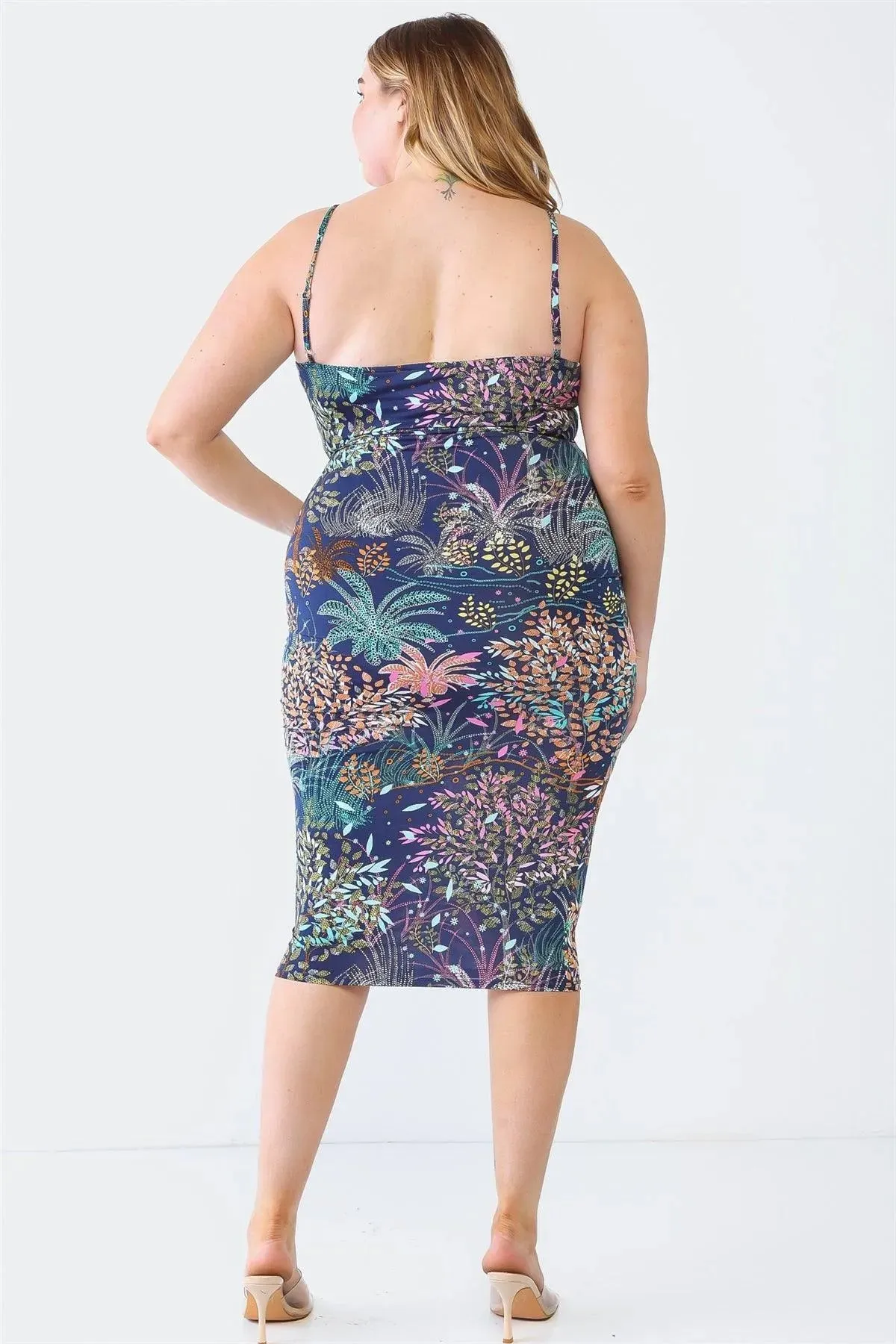 Junior Plus Navy Flower Print Strappy Midi Dress /1-1-1