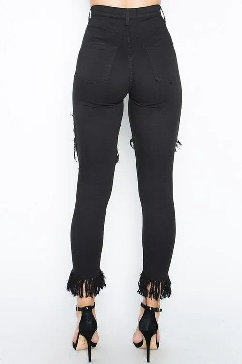.Ladies black high waist cutout distressed fringe skinny jeans