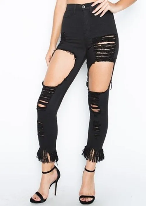 .Ladies black high waist cutout distressed fringe skinny jeans