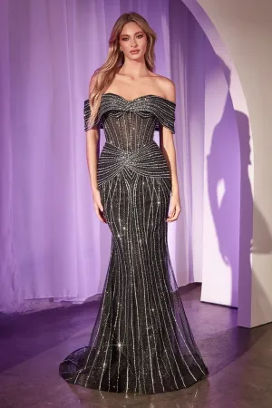 Ladivine CD785 Size 6 Black Crystal mermaid off the shoulder dress Formal evening gown strapless detachable