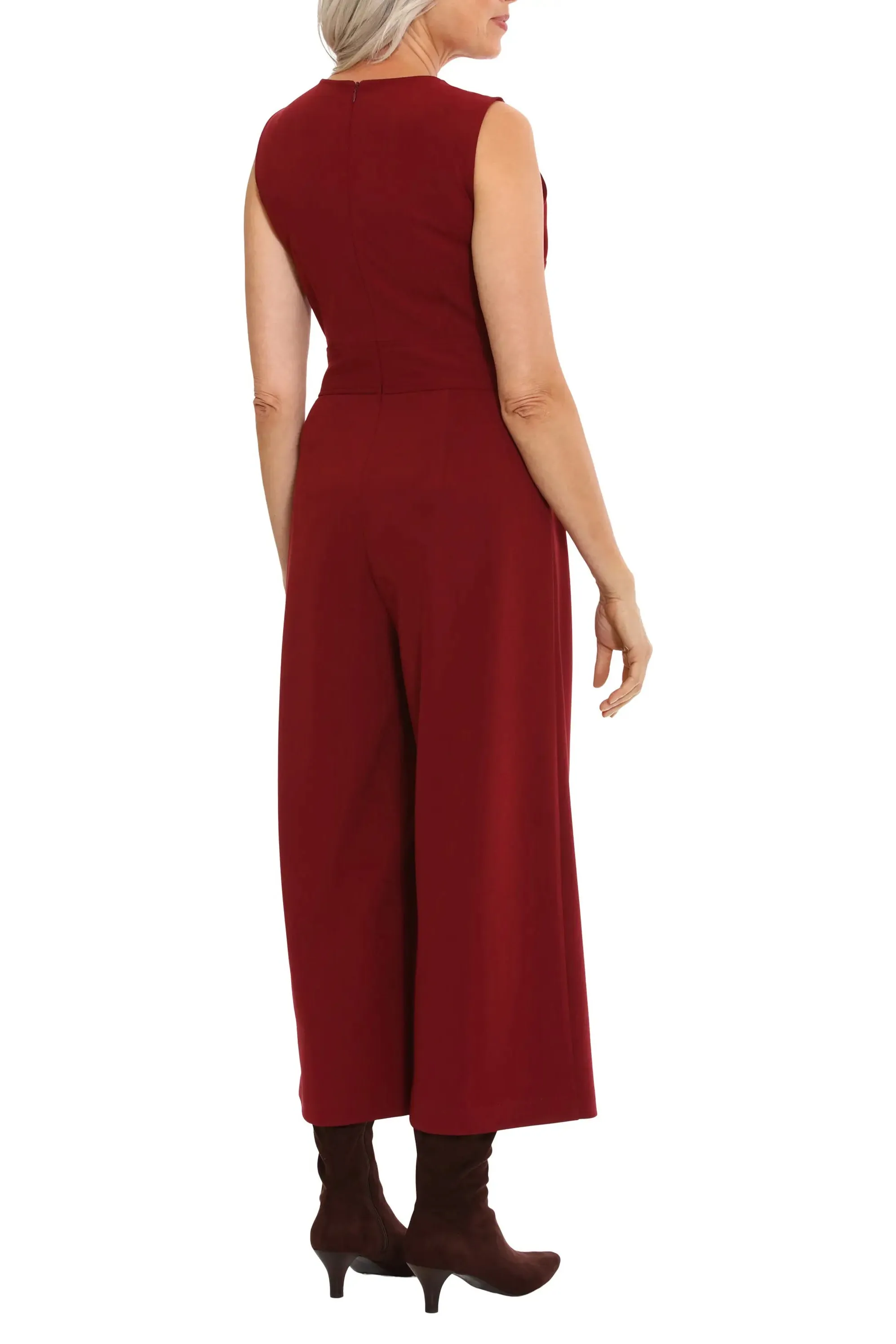 London Times crew neck sleeveless belted solid wide leg stretch crepe jumpsuit