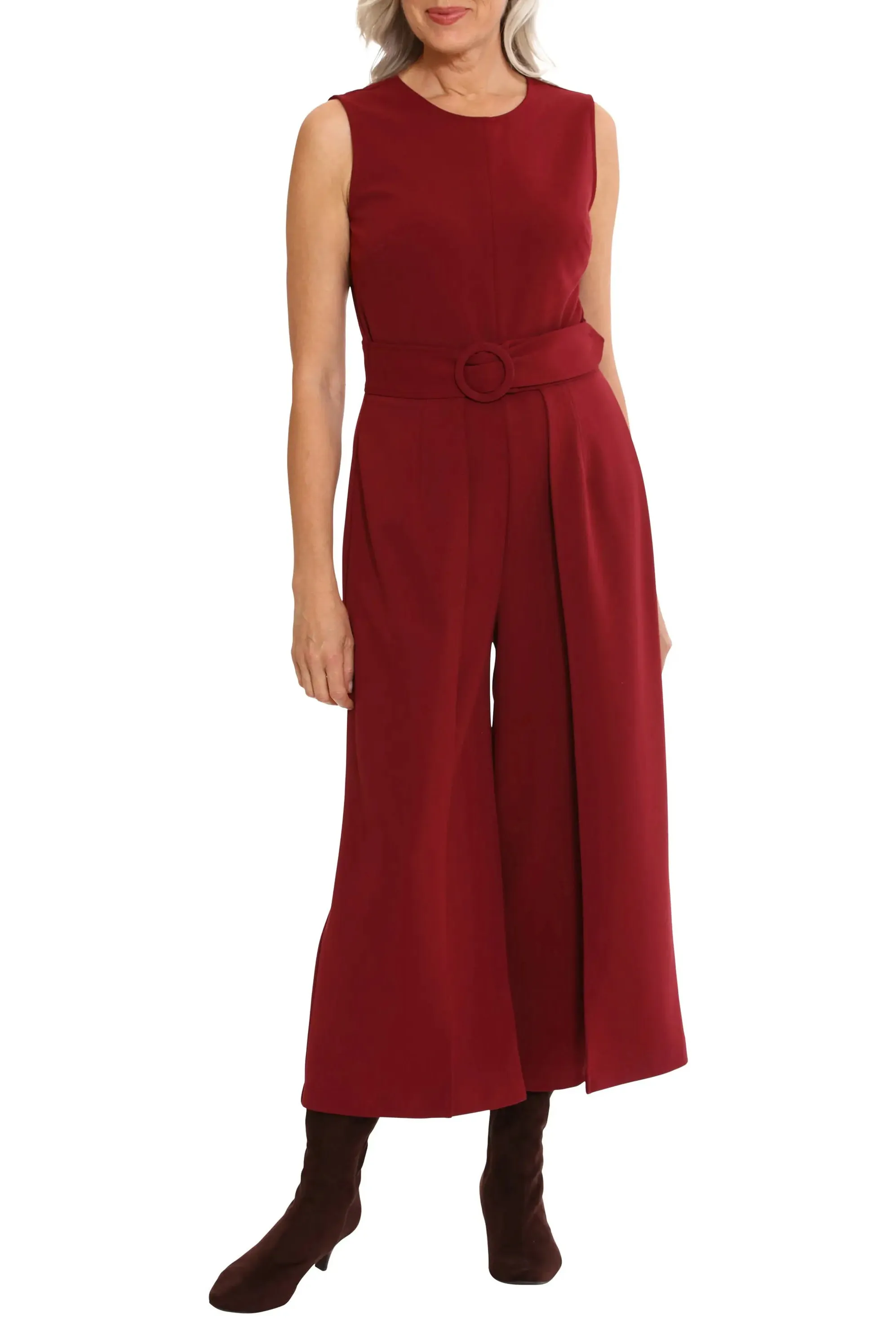 London Times crew neck sleeveless belted solid wide leg stretch crepe jumpsuit