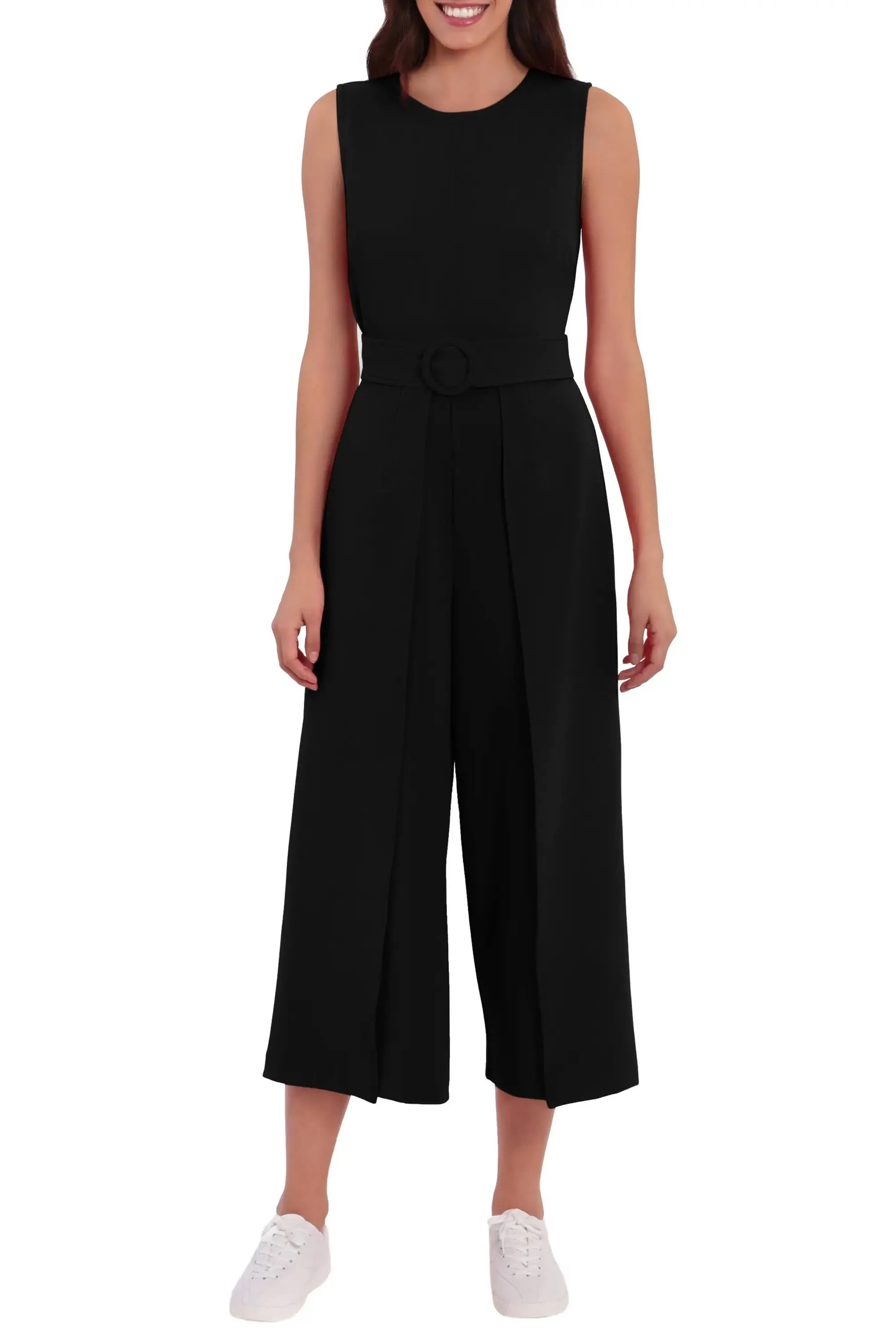 London Times crew neck sleeveless belted solid wide leg stretch crepe jumpsuit