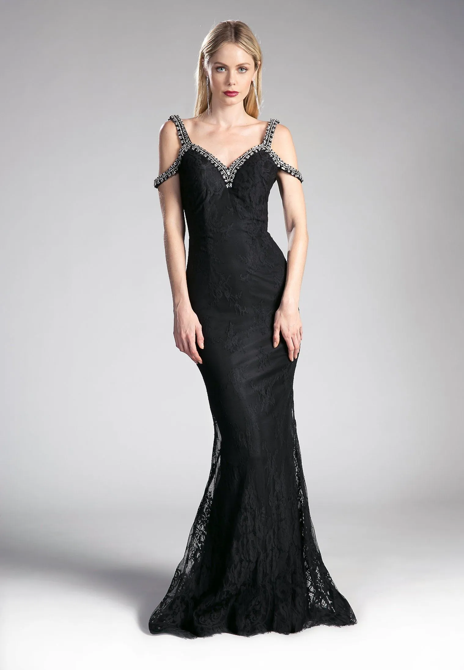 Long Cold Shoulder Lace Dress by Cinderella Divine 13112A