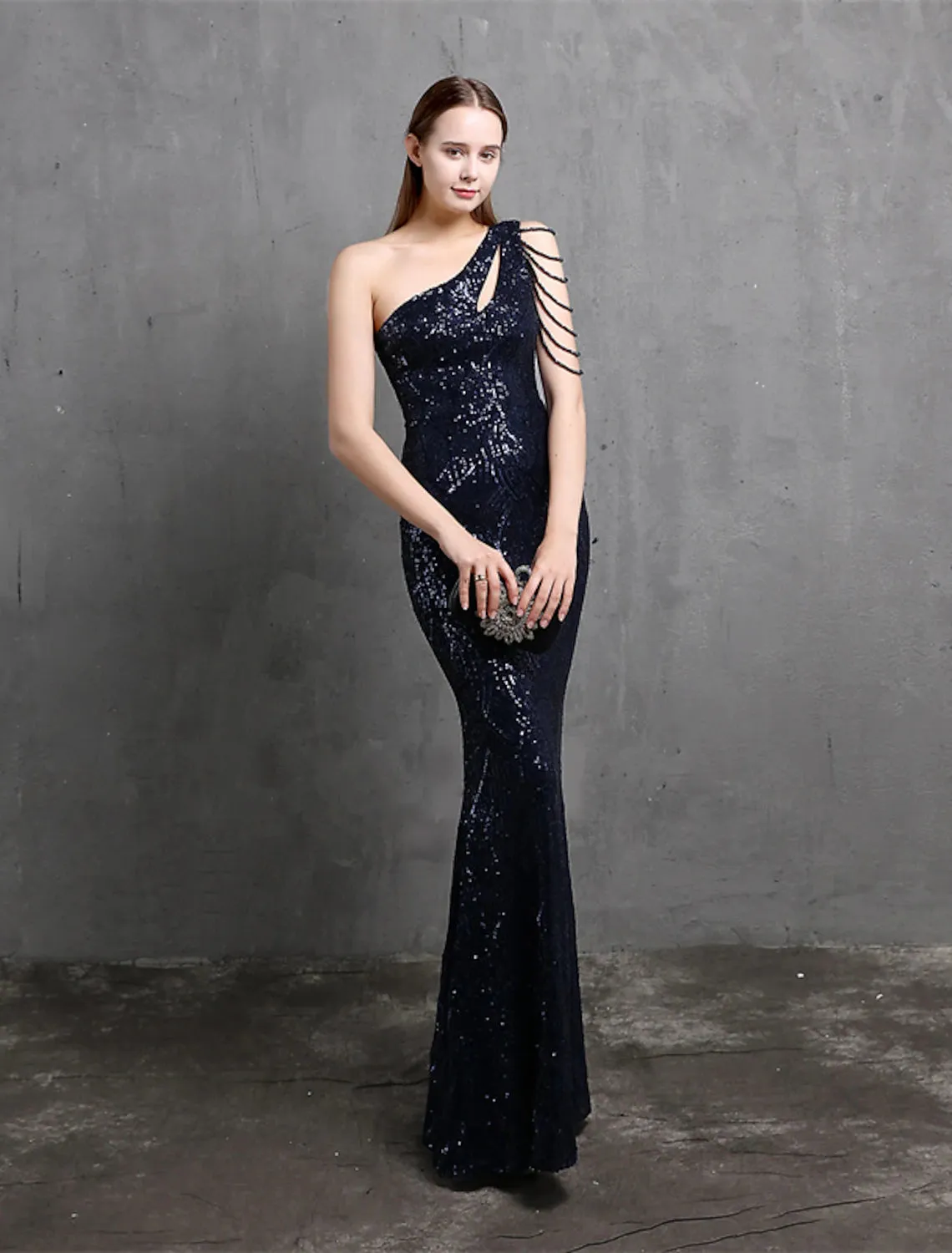 Mermaid / Trumpet Evening Gown Sparkle & Shine Dress Formal Wedding Guest Floor Length Short Sleeve One Shoulder Sequined with Sequin