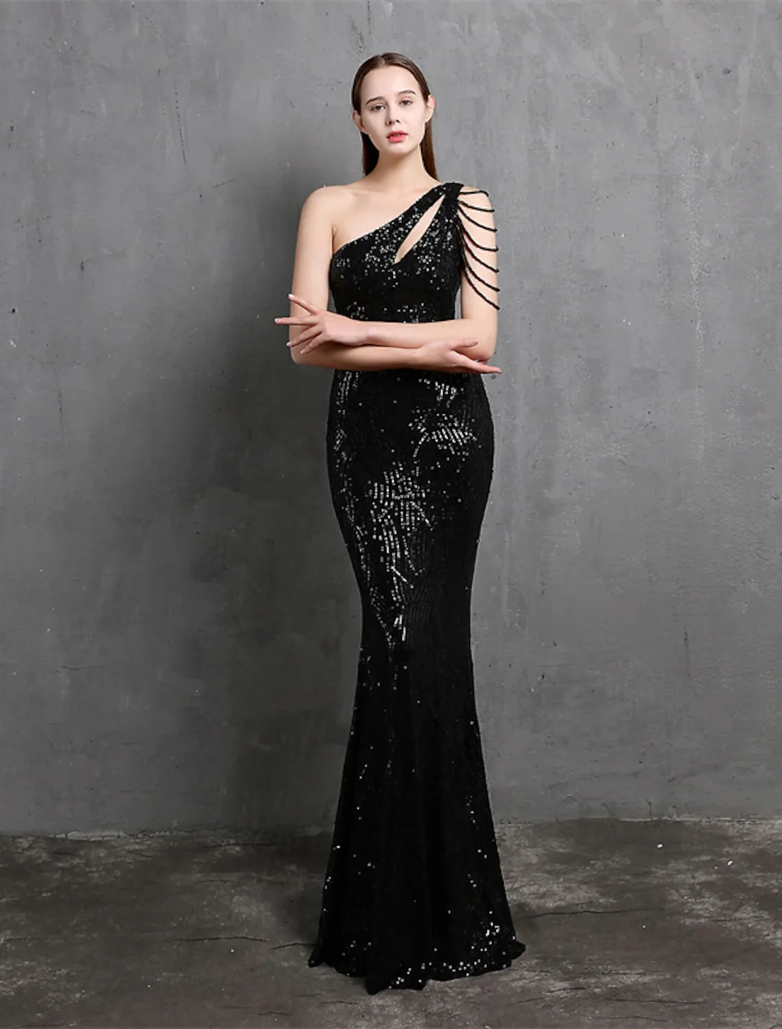 Mermaid / Trumpet Evening Gown Sparkle & Shine Dress Formal Wedding Guest Floor Length Short Sleeve One Shoulder Sequined with Sequin