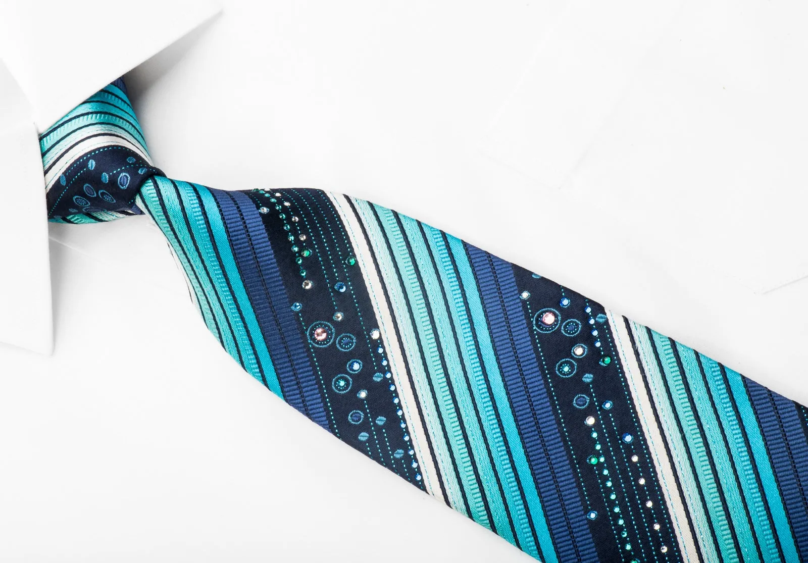 Mila Schon Men's Rhinestone Silk Necktie Striped On Blue With Sparkles