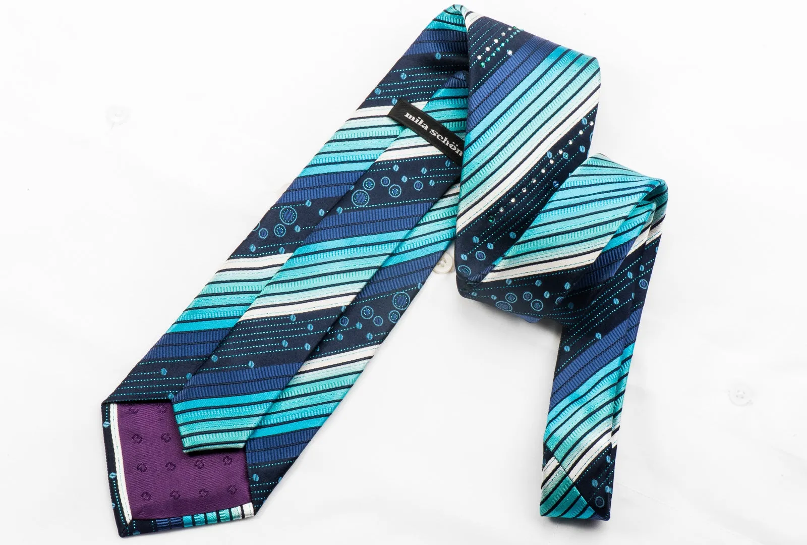 Mila Schon Men's Rhinestone Silk Necktie Striped On Blue With Sparkles