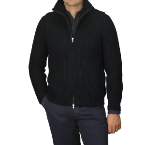 Navy Blue Wool Cashmere Heavy Knit Cardigan