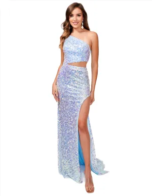 Nina Canacci 4413 Sequin One Shoulder Prom Dress Cut Out Slit Formal Gown Fitted Evening