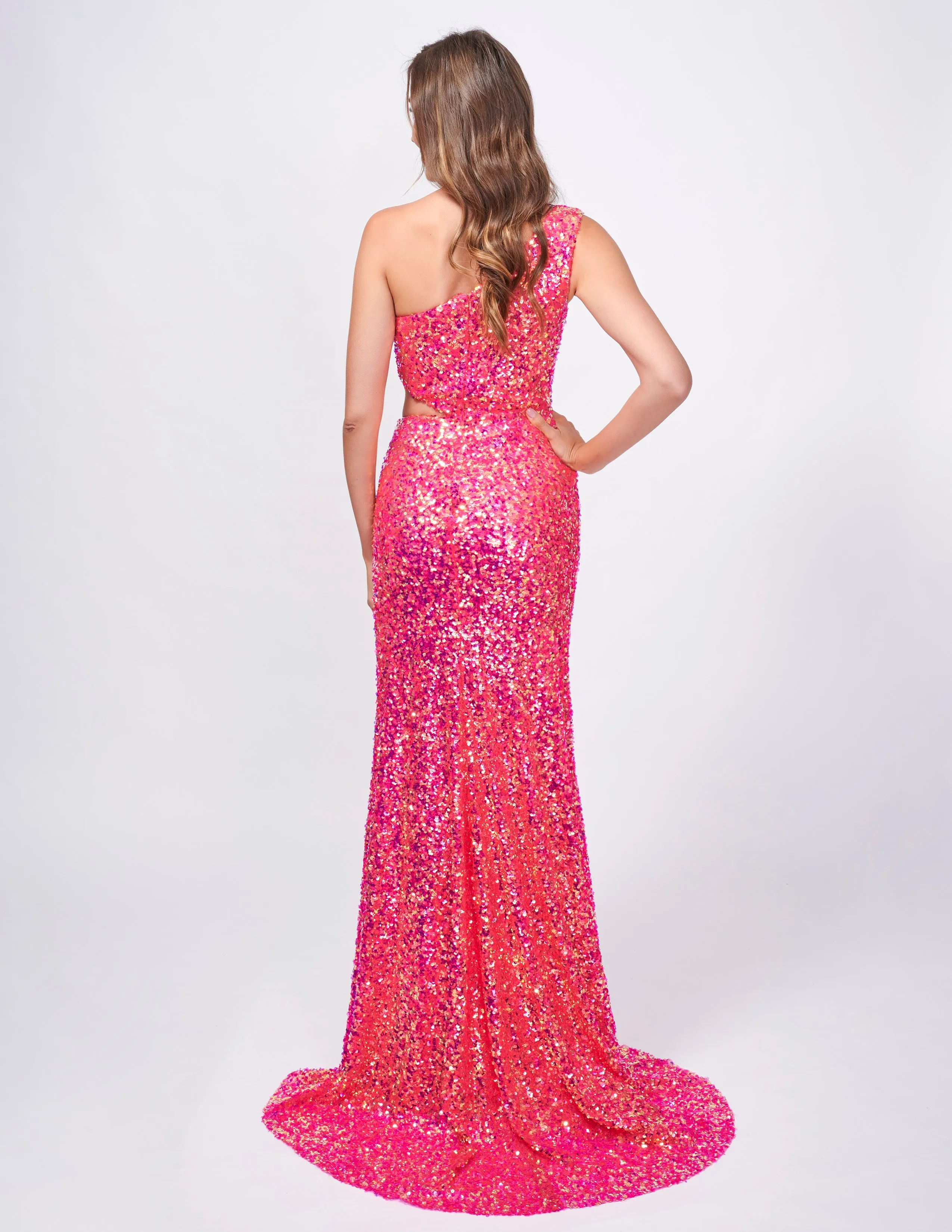 Nina Canacci 4413 Sequin One Shoulder Prom Dress Cut Out Slit Formal Gown Fitted Evening