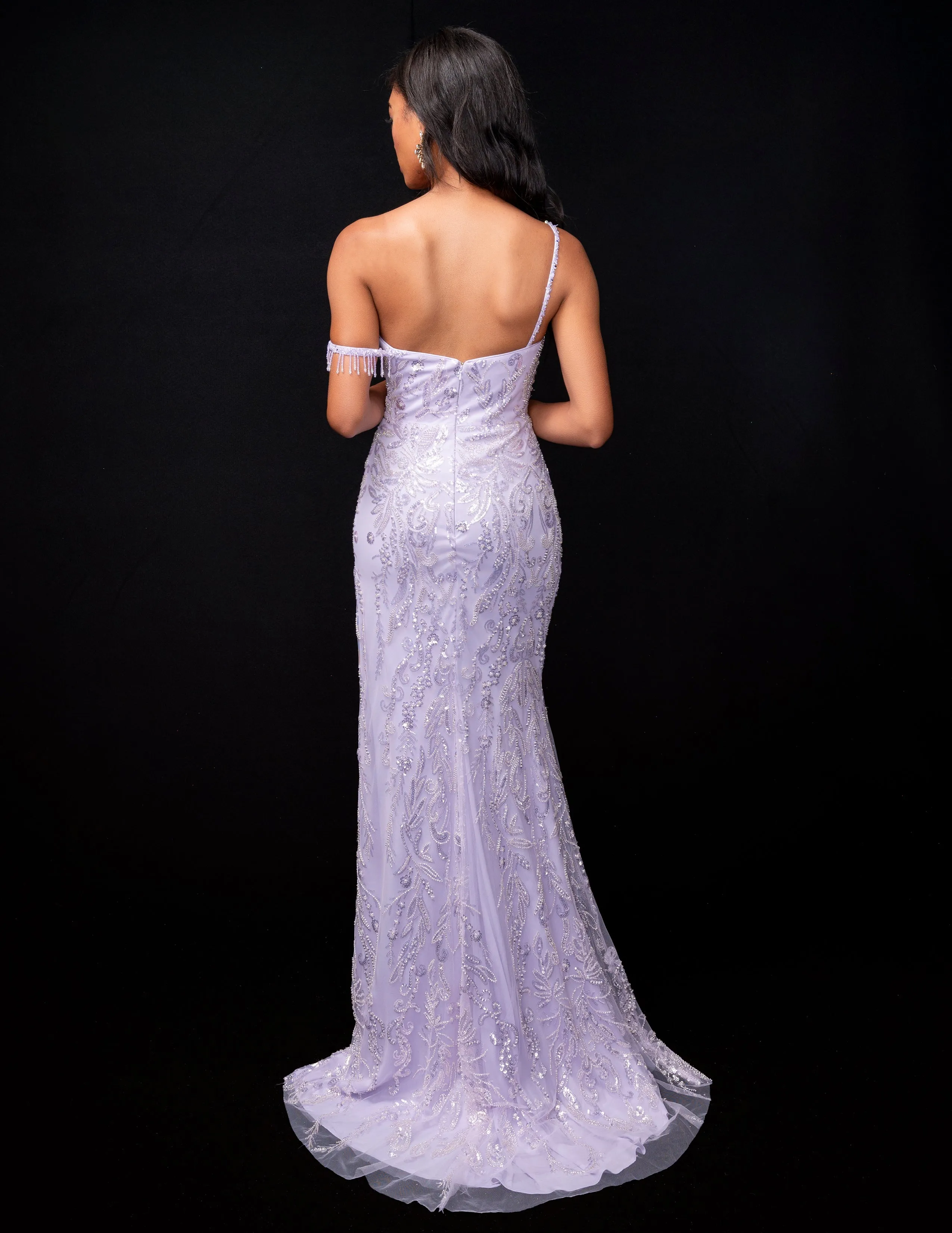 Nina Canacci 9160 Beaded Fringe Slit Formal Dress One Shoulder sheer sequin off the shoulder