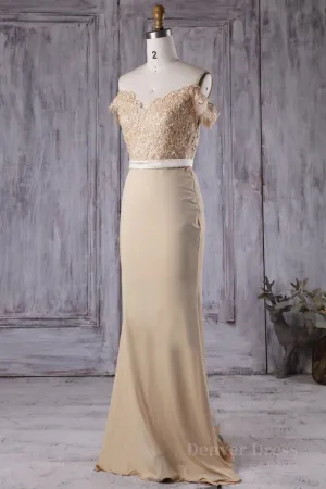 Off the Shoulder Mermaid Champagne Lace Long Prom Dress Off Shoulder Mermaid Champagne Formal Graduation Evening Dress Mermaid Champagne Lace Bridesmaid Dress