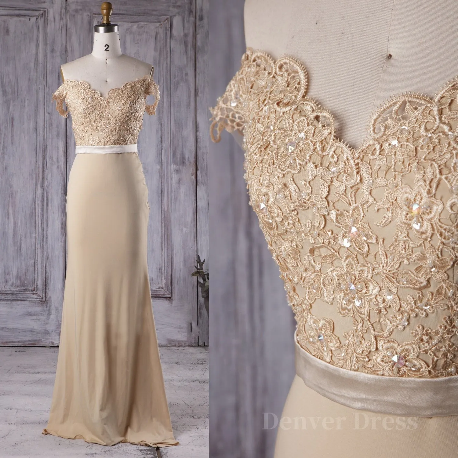 Off the Shoulder Mermaid Champagne Lace Long Prom Dress Off Shoulder Mermaid Champagne Formal Graduation Evening Dress Mermaid Champagne Lace Bridesmaid Dress