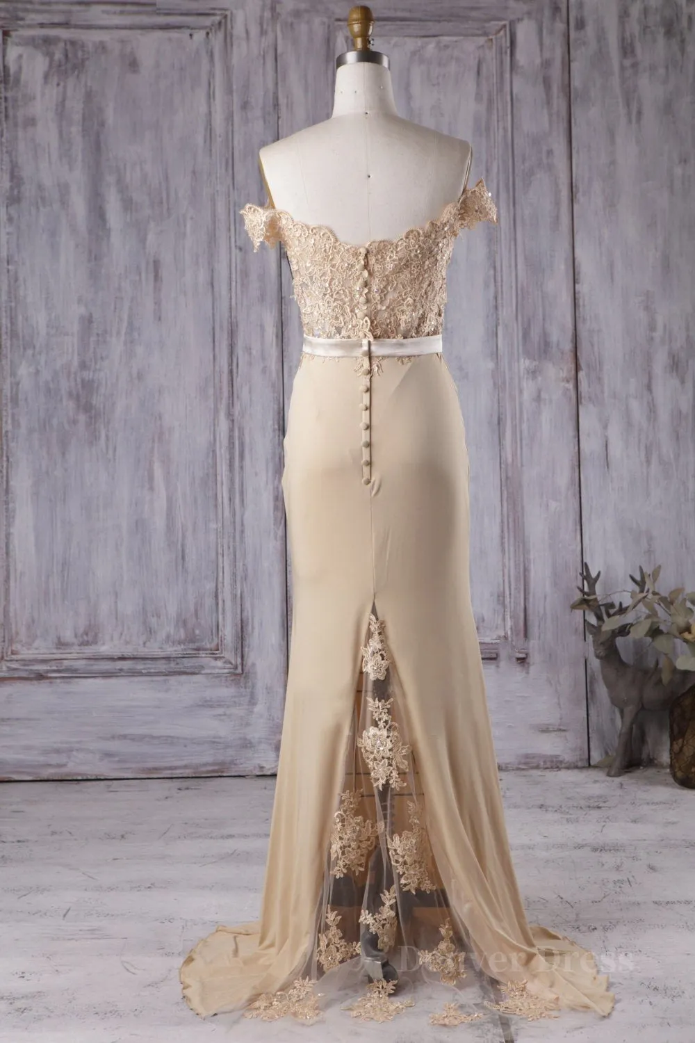 Off the Shoulder Mermaid Champagne Lace Long Prom Dress Off Shoulder Mermaid Champagne Formal Graduation Evening Dress Mermaid Champagne Lace Bridesmaid Dress