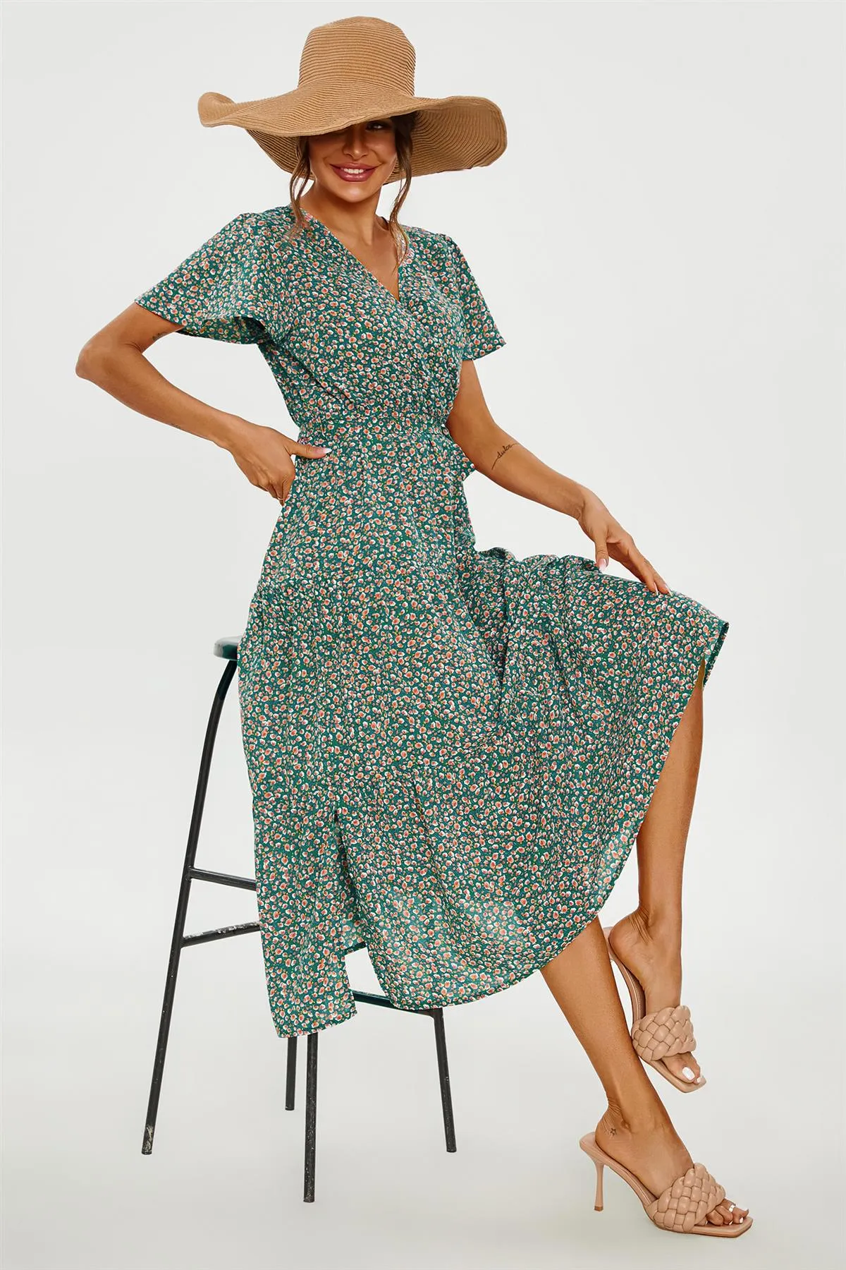 Orange Floral Print Hem Tiered Wrap Midi Dress In Green