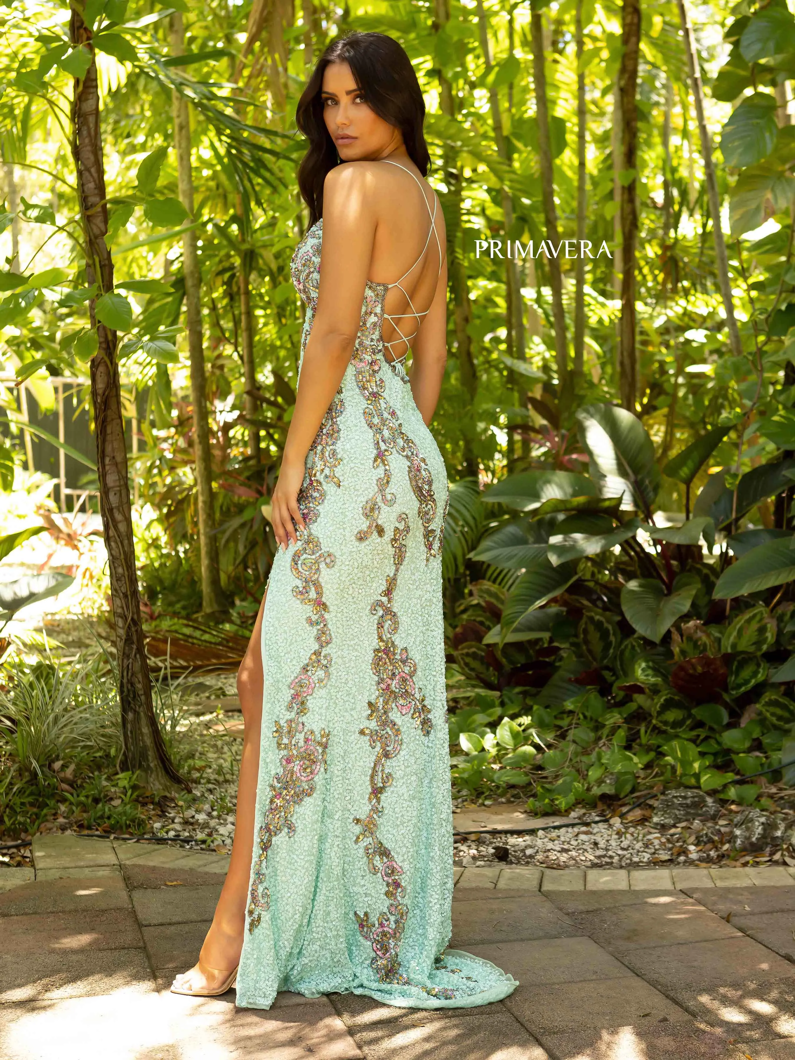 Primavera Couture 3211 size 10 Mint Sequin Prom Dress Pageant Gown Evening Formal Wear Side Slit