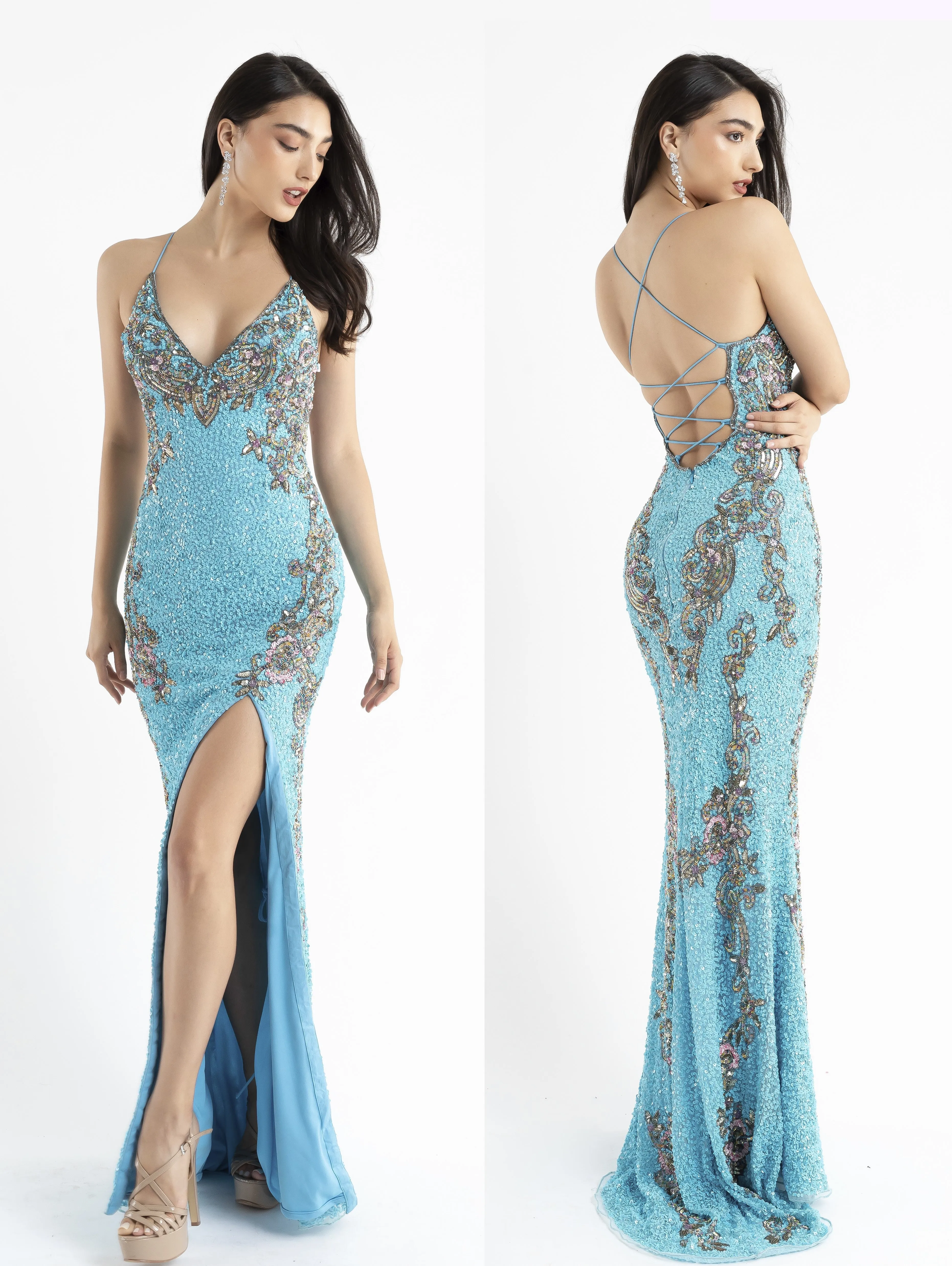 Primavera Couture 3211 Size 6 Turquoise Sequin Prom Dress Pageant Gown Evening Formal Wear Side Slit