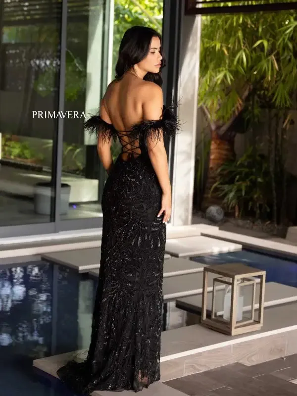 Primavera Couture 4105 Size 6 Teal Long Prom Dress Corset Off Shoulder Feather Sequin Beaded Fitted High Slit Formal Pageant Gown