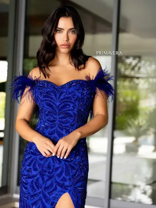 Primavera Couture 4105 Size 6 Teal Long Prom Dress Corset Off Shoulder Feather Sequin Beaded Fitted High Slit Formal Pageant Gown
