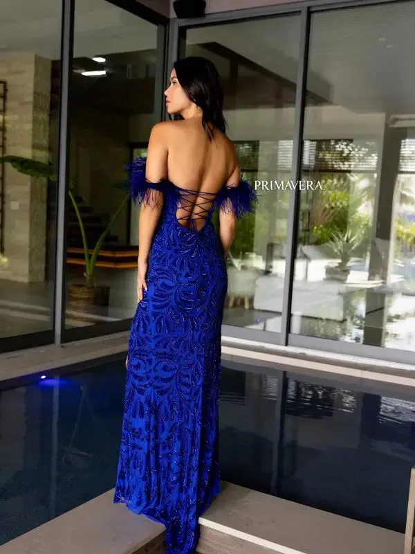 Primavera Couture 4105 Size 6 Teal Long Prom Dress Corset Off Shoulder Feather Sequin Beaded Fitted High Slit Formal Pageant Gown